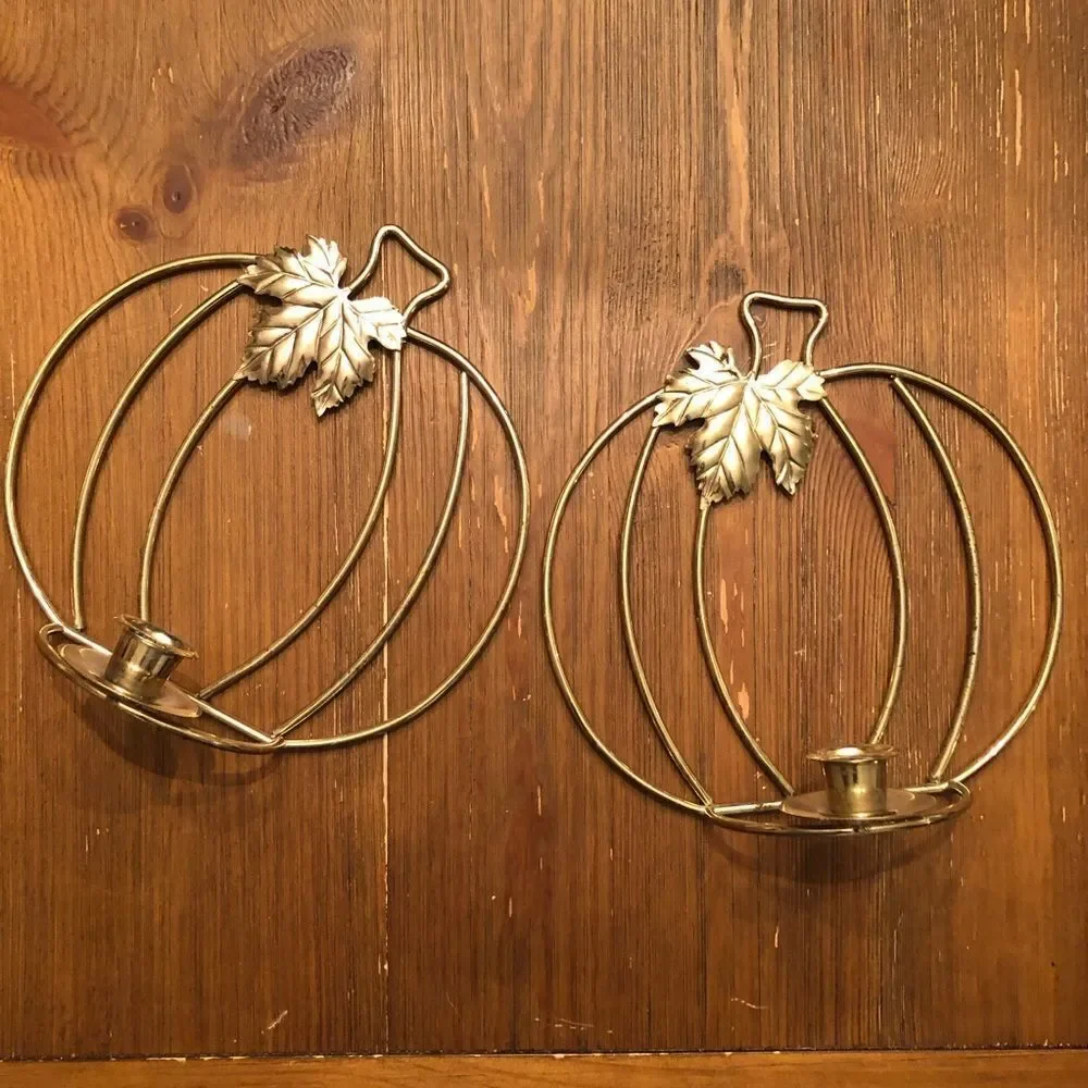 Vintage Pumpkin Wall Hanging Candlestick Holders in Gold Lot of 2